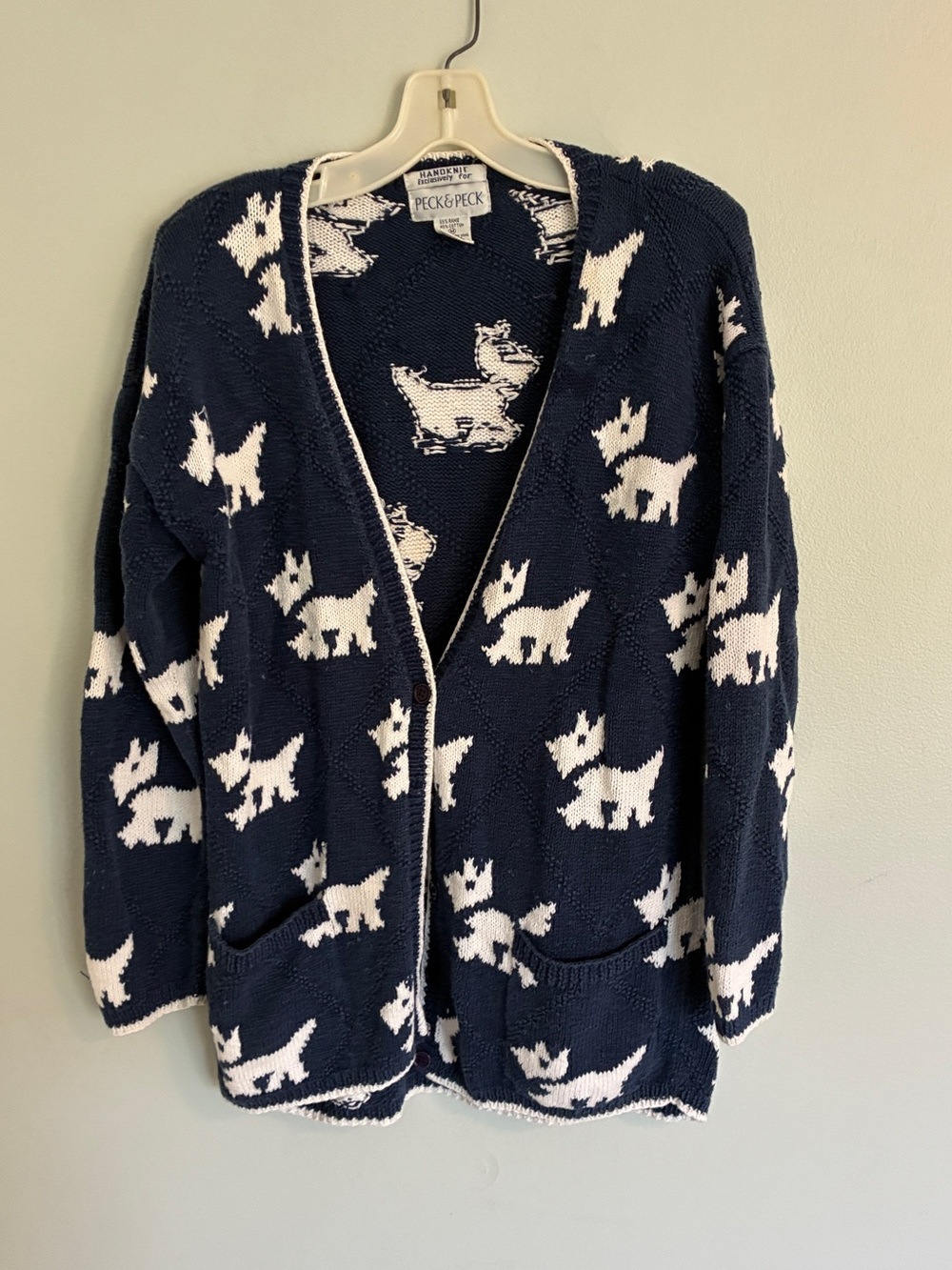 Vintage Hand Knit Peck & Peck Navy Cardigan with White Scottish Terrier Motif